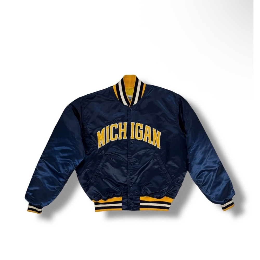 Starter Michigan Wolverines Varsity Jacket Navy Blue Satin Bomber Mens Large L